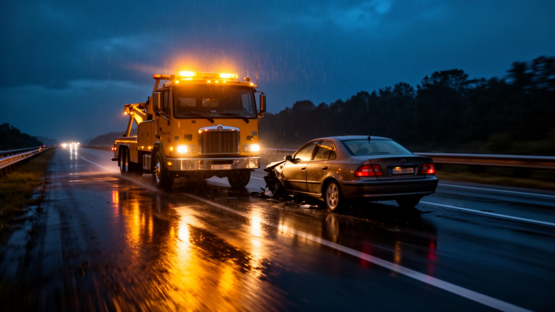Tow truck assisting stranded vehicle on rainy night highway