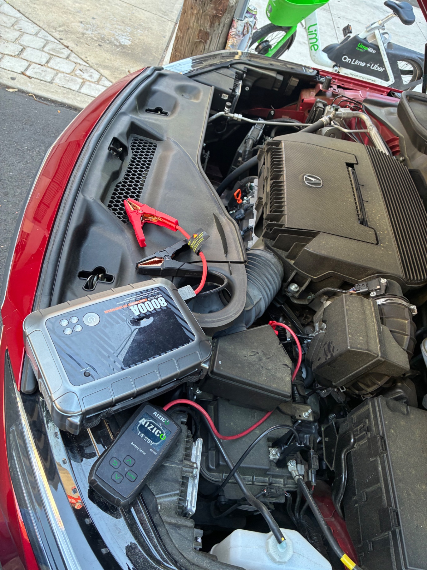 Jump start service with portable jump starter and battery tester